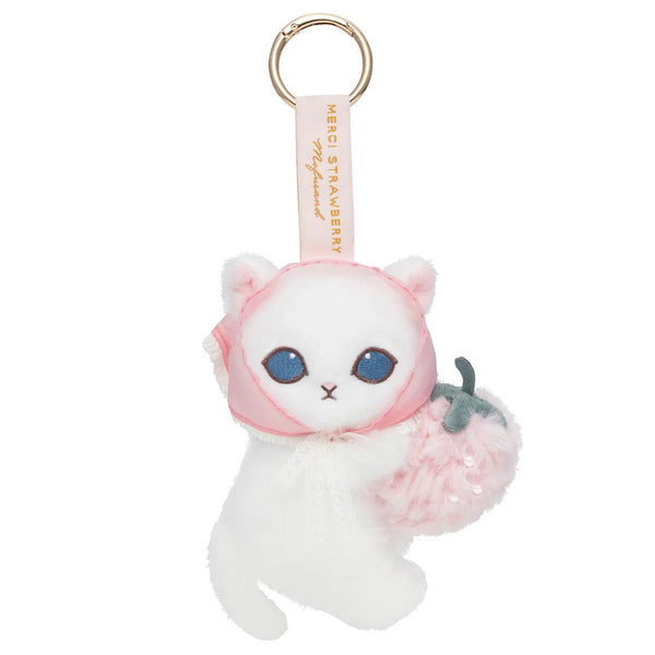 Plush Keychain mofusand MERCI Strawberry & White Cat Mascot Japan