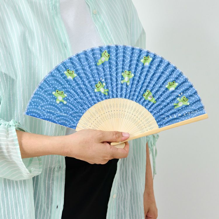 Pickles the Frog Folding Hand Fan Seigaiha Blue Japan 2024