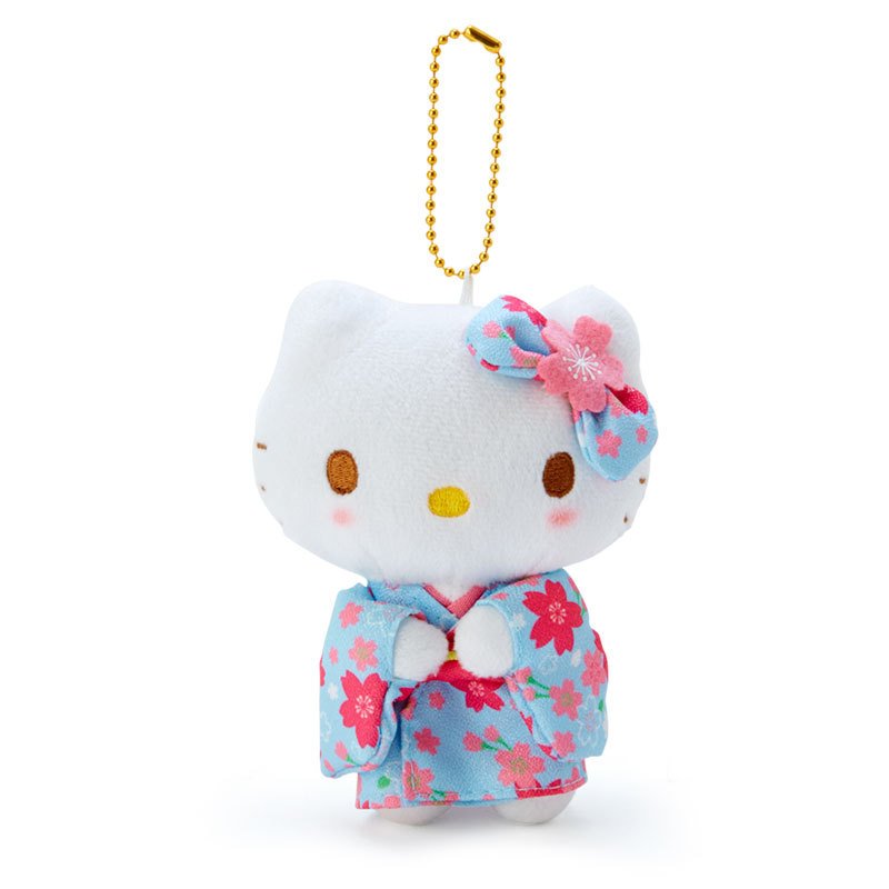 Hello Kitty Plush Mascot Holder Keychain Kimono Sakura Water Blue Sanrio Japan