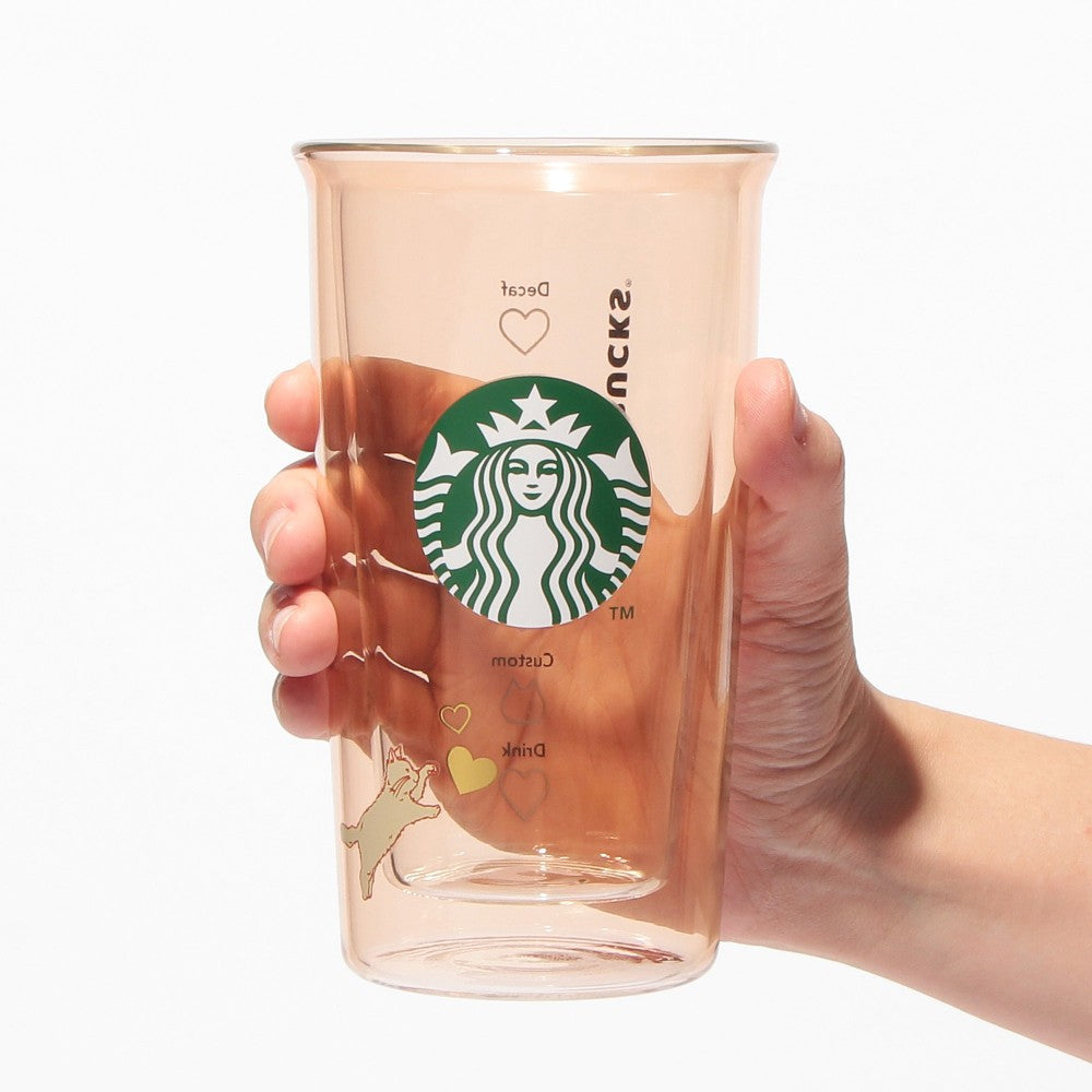 Starbucks Japan Valentine's Day 2025 Double Wall Glass Cup 355ml Cat Heart Beige