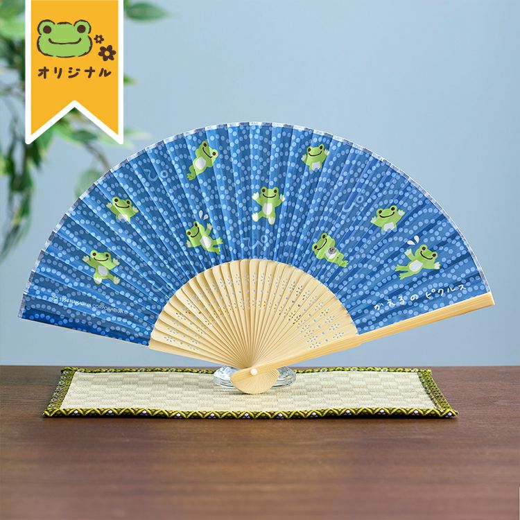 Pickles the Frog Folding Hand Fan Seigaiha Blue Japan 2024