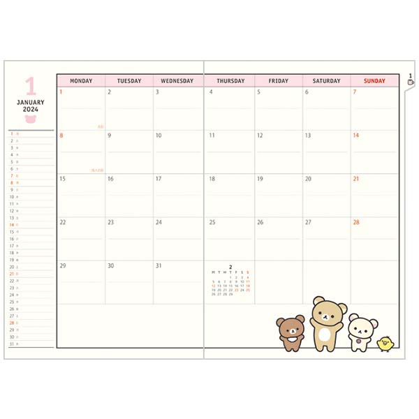 Rilakkuma 2024 Schedule Book A5 Monthly Index Simple San-X Japan