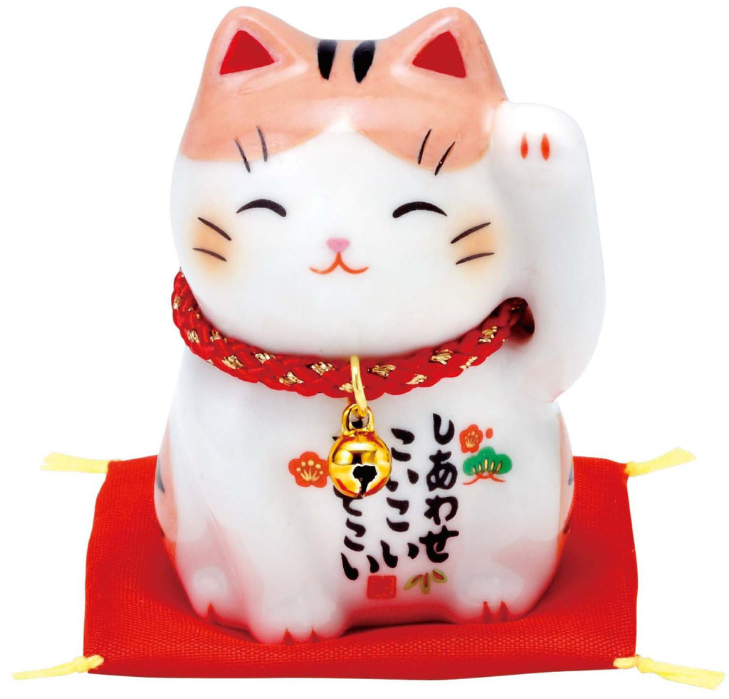 Japan Porcelain Beckoning Lucky Cat Maneki Neko Left Hand Orange Tabby AM-Y7535